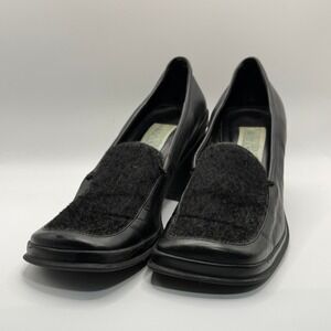 Greenwich Village VTG Black Leather Block Heel Square Toe Loafers Womens 7.5M